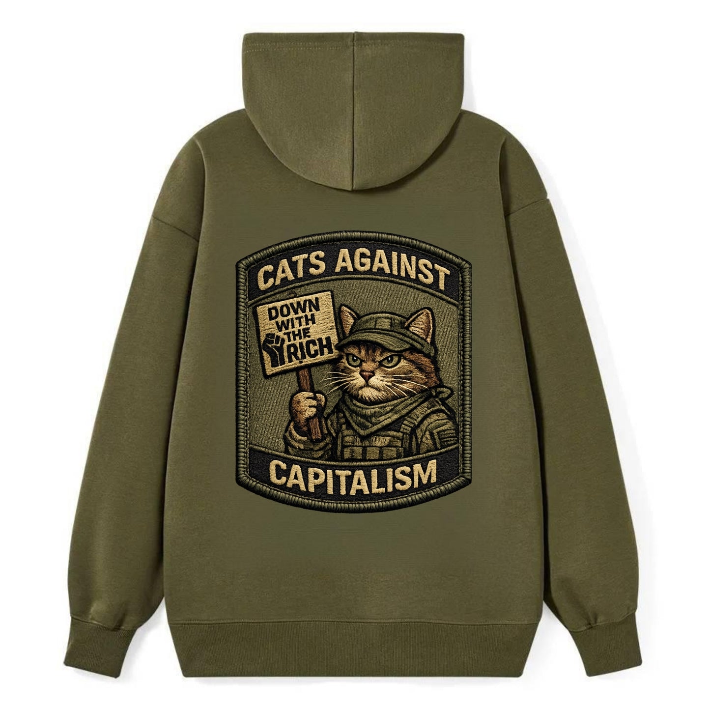 CATS AGAINST CAPITALISM - cat with protest sign in red , political cat - Classic Pullover Hoodie - ArmyGreen