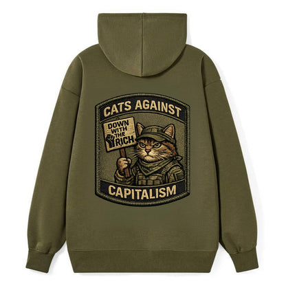 CATS AGAINST CAPITALISM - cat with protest sign in red , political cat - Classic Pullover Hoodie - ArmyGreen