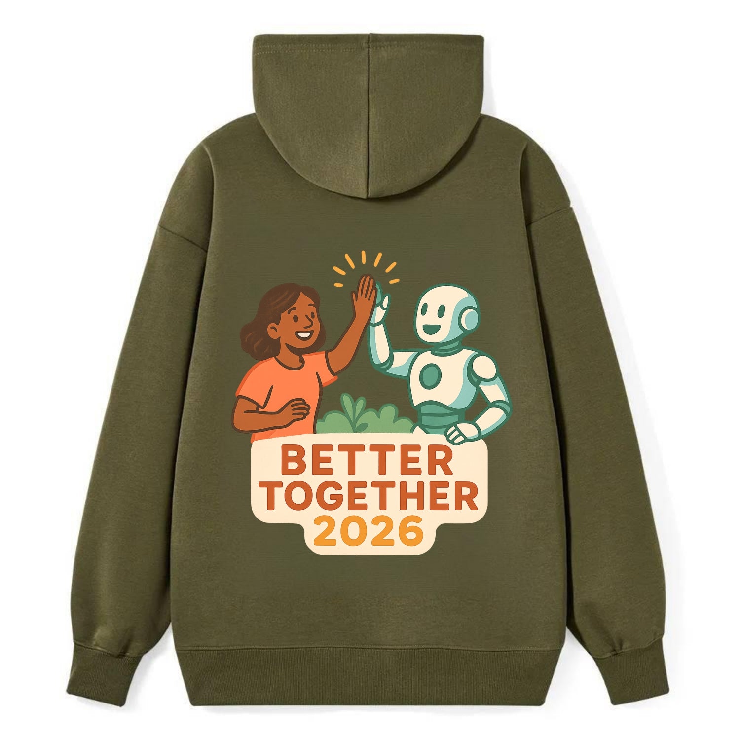 Human and AI robot high-fiving as collaborative partners - "Better - Classic Pullover Hoodie - ArmyGreen