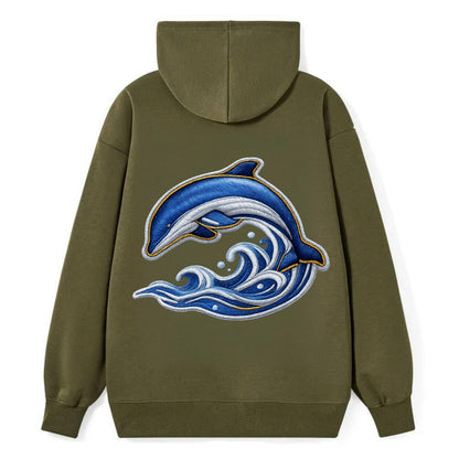 Embroidered patch design - SWIMMING DOLPHIN - diving dolphin with waves - Classic Pullover Hoodie - ArmyGreen