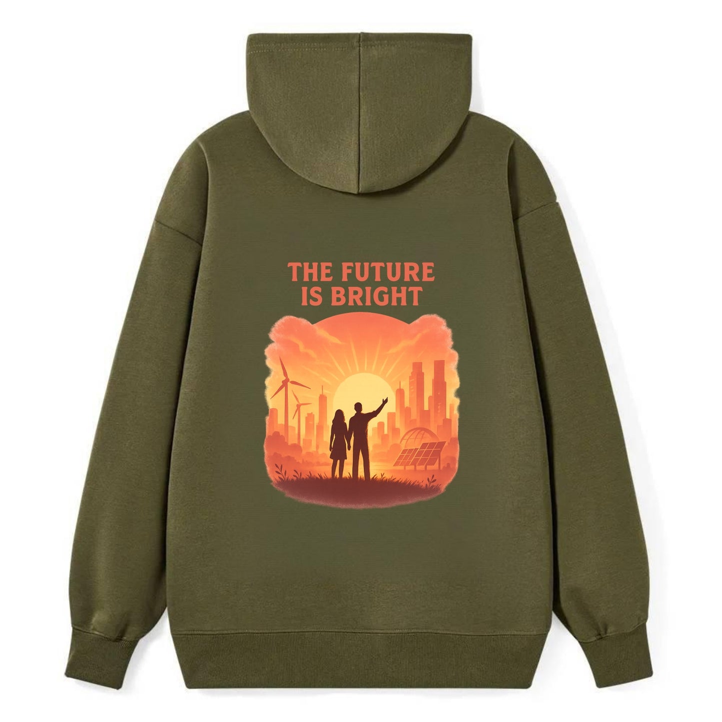 Sunrise over thriving sustainable city - "The Future is Bright" - - Classic Pullover Hoodie - ArmyGreen