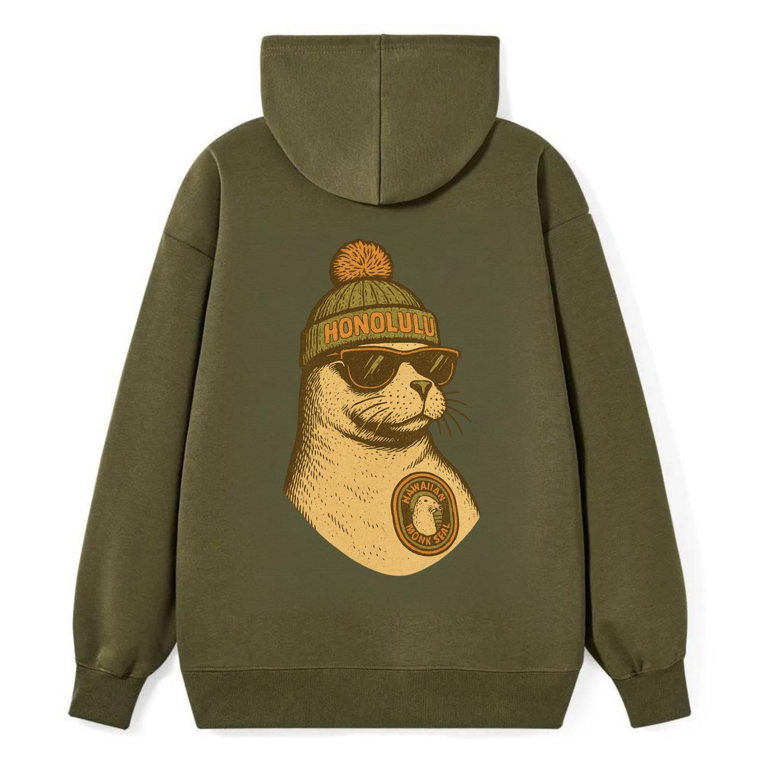 Hawaii Monk Seal wearing Honolulu beanie with pom pom and wayfarer - Classic Pullover Hoodie - ArmyGreen