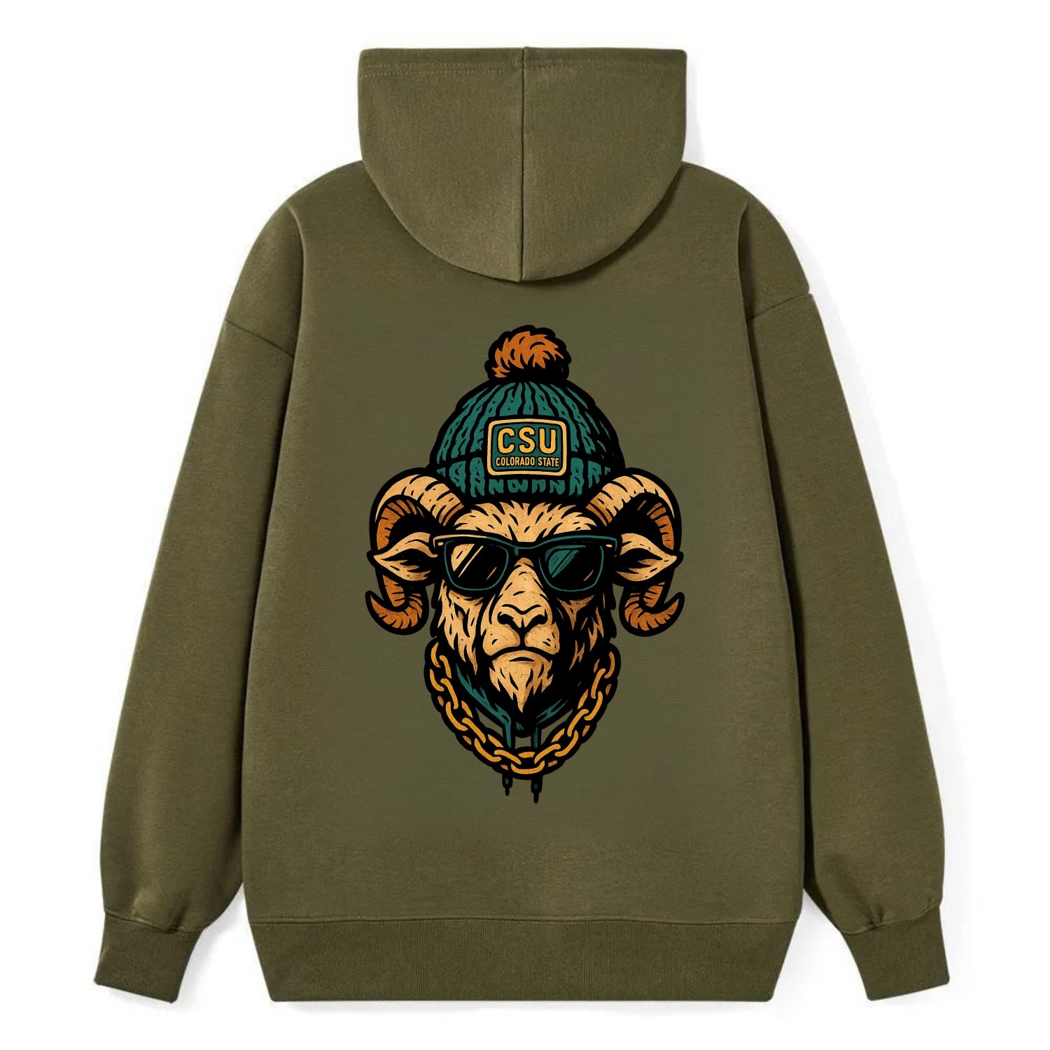 Fort Collins Ram wearing Colorado State beanie with CSU patch - Classic Pullover Hoodie - ArmyGreen