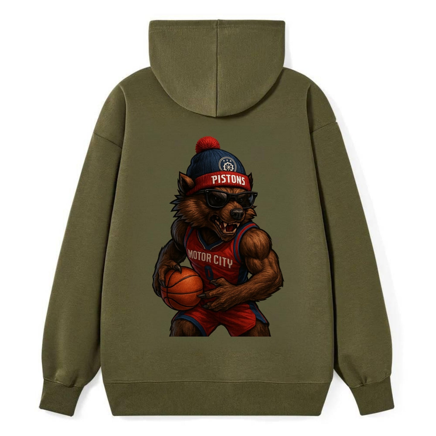 Motor City Wolverine wearing Pistons beanie with gear patch and wayfarer - Classic Pullover Hoodie - ArmyGreen