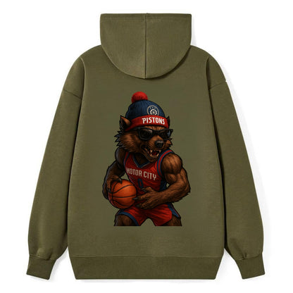 Motor City Wolverine wearing Pistons beanie with gear patch and wayfarer - Classic Pullover Hoodie - ArmyGreen