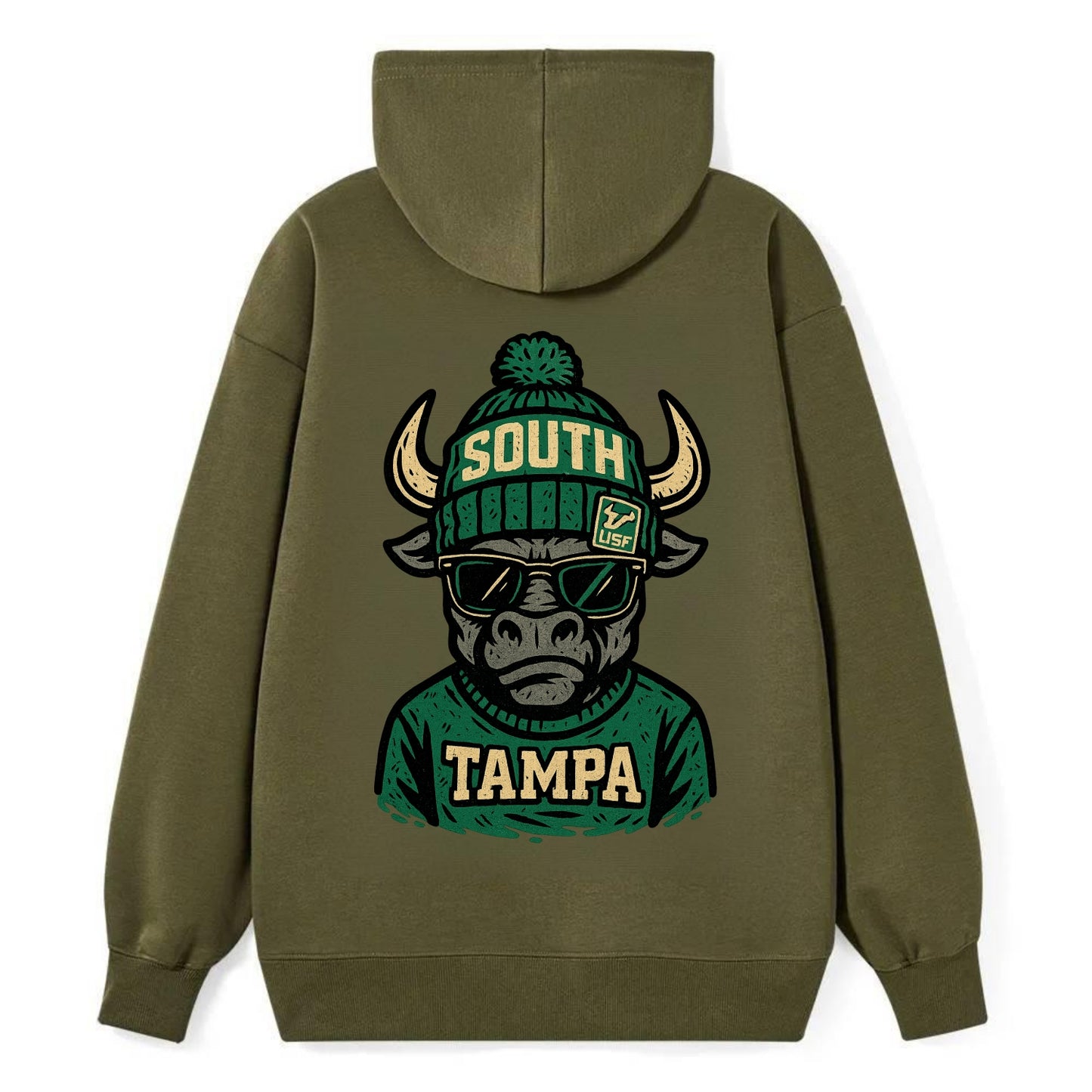 Tampa Bull wearing South Florida beanie with USF patch - Classic Pullover Hoodie - ArmyGreen