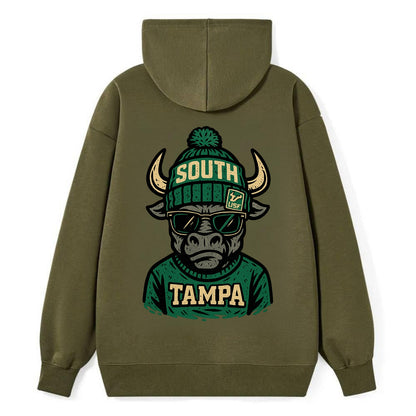 Tampa Bull wearing South Florida beanie with USF patch - Classic Pullover Hoodie - ArmyGreen