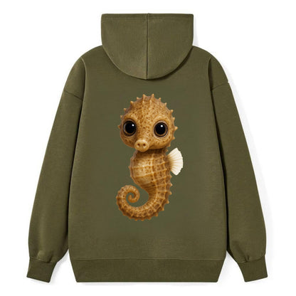Baby Seahorse - curled tail, snout, large eyes, front-facing, delicate - Classic Pullover Hoodie - ArmyGreen