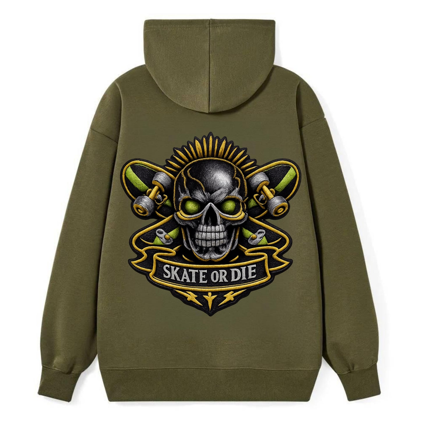 SKATEBOARD SKULL - skull with skateboard in black and neon green , - Classic Pullover Hoodie - ArmyGreen