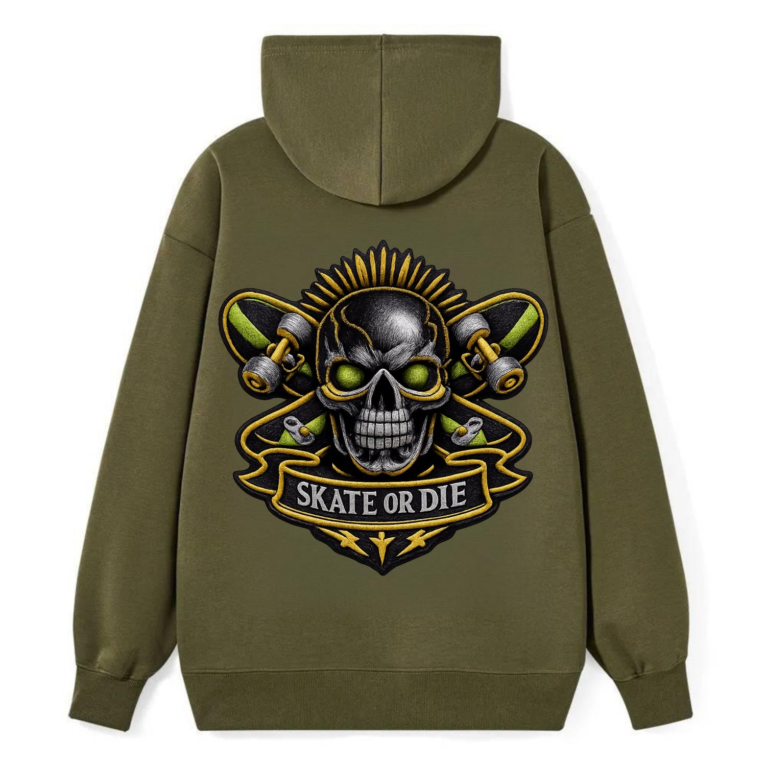 SKATEBOARD SKULL - skull with skateboard in black and neon green , - Classic Pullover Hoodie - ArmyGreen