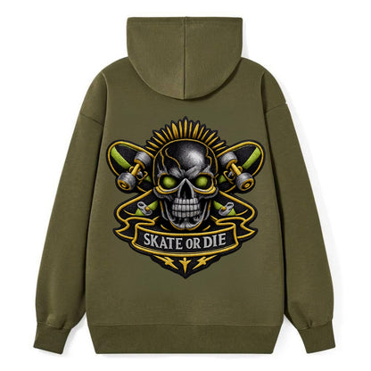 SKATEBOARD SKULL - skull with skateboard in black and neon green , - Classic Pullover Hoodie - ArmyGreen