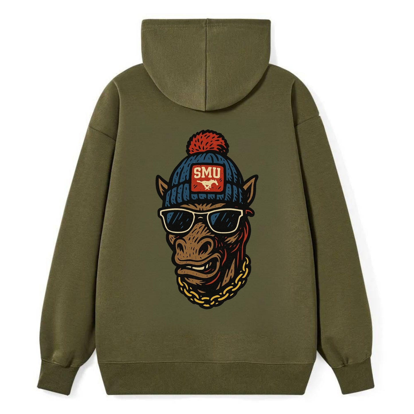 Dallas Mustang wearing SMU beanie with pony patch - Classic Pullover Hoodie - ArmyGreen