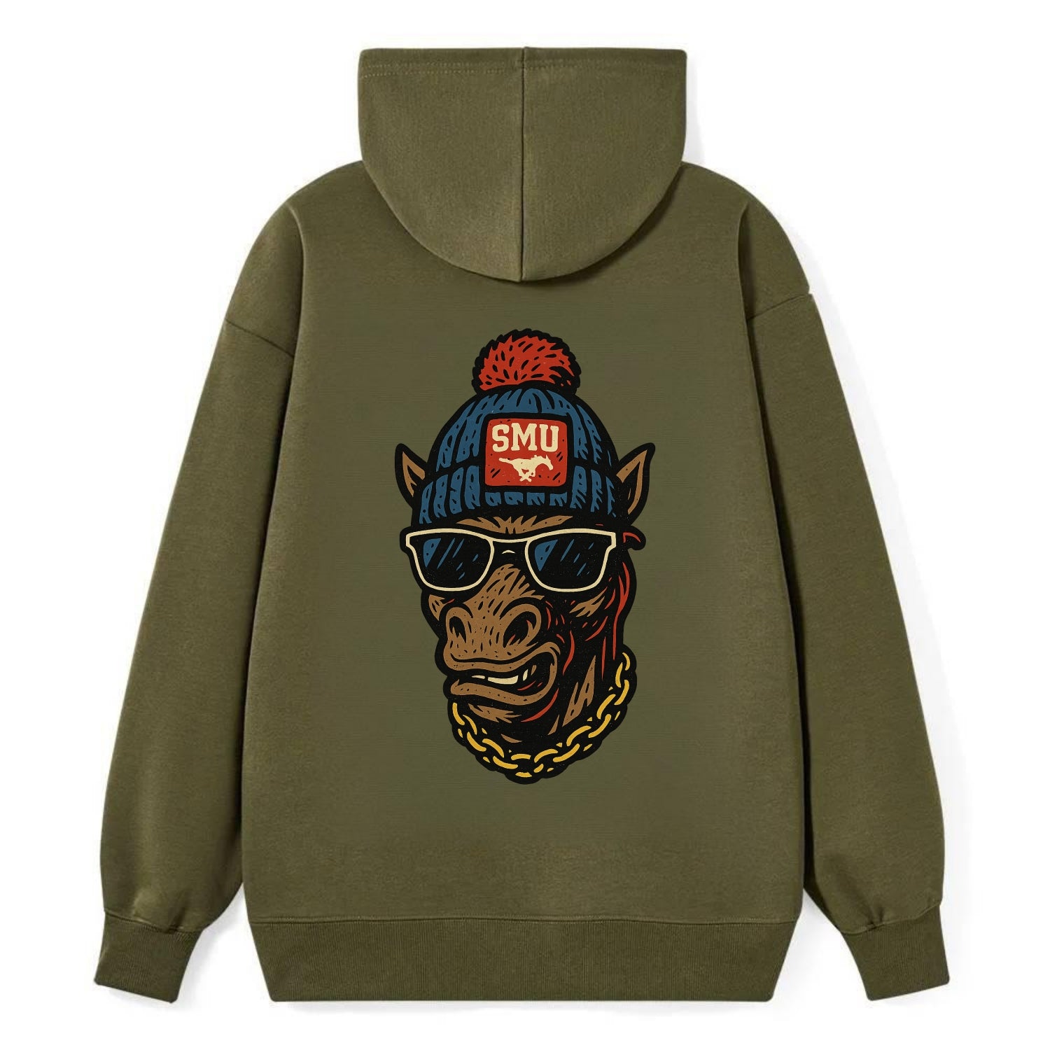 Dallas Mustang wearing SMU beanie with pony patch - Classic Pullover Hoodie - ArmyGreen