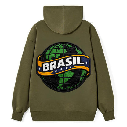 BRAZILIAN FLAG GLOBE - green globe with banner in green yellow blue , - Classic Pullover Hoodie - ArmyGreen