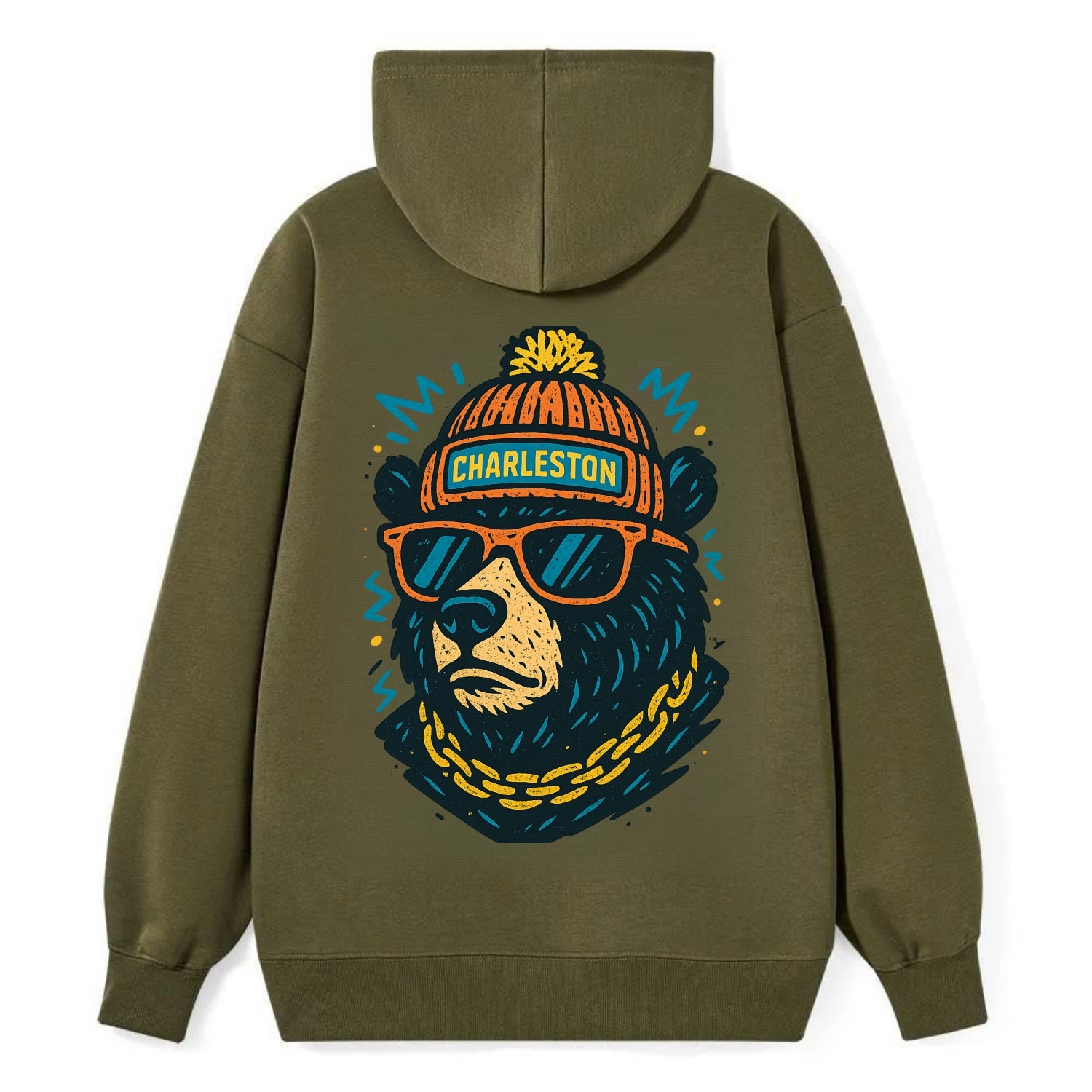 West Virginia Black Bear wearing Charleston beanie with pom pom and - Classic Pullover Hoodie - ArmyGreen