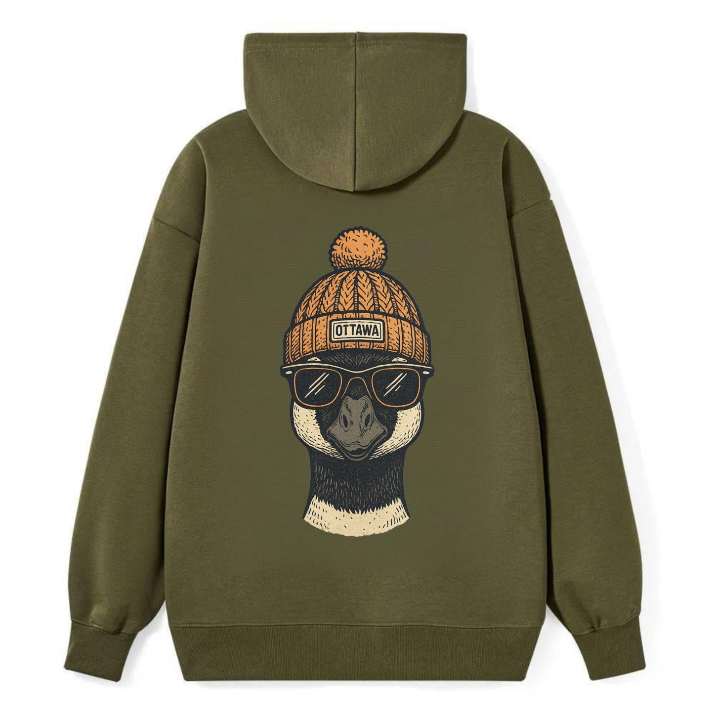 Ottawa Canadian Goose wearing Ottawa beanie with pom pom and wayfarer - Classic Pullover Hoodie - ArmyGreen