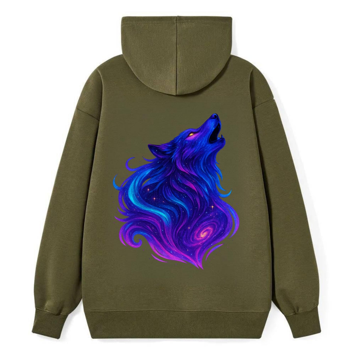 Noble wolf with flowing fur that transforms into aurora borealis streams, - Classic Pullover Hoodie - ArmyGreen