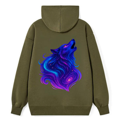 Noble wolf with flowing fur that transforms into aurora borealis streams, - Classic Pullover Hoodie - ArmyGreen