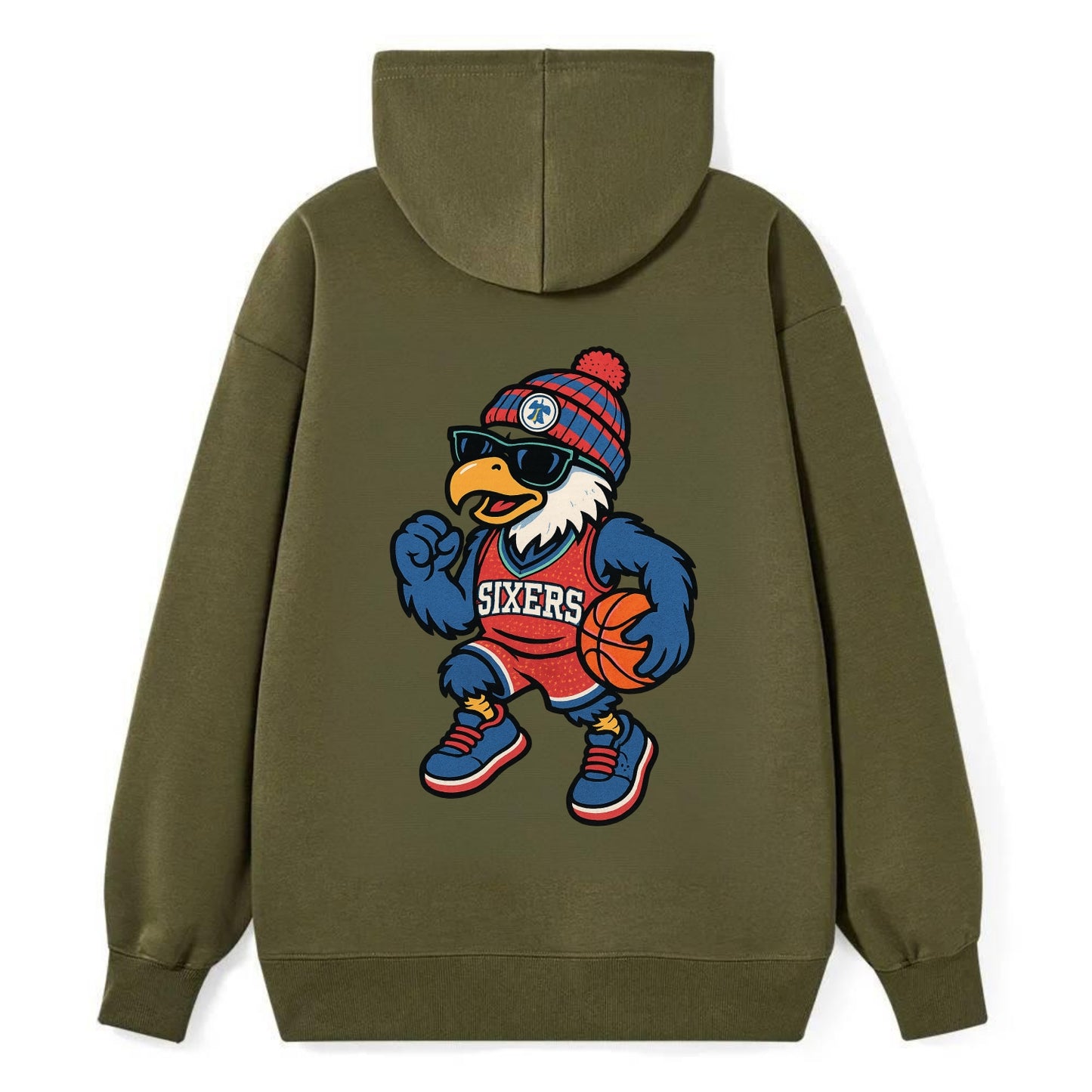 Philadelphia Eagle wearing 76ers red white and blue beanie with bell - Classic Pullover Hoodie - ArmyGreen