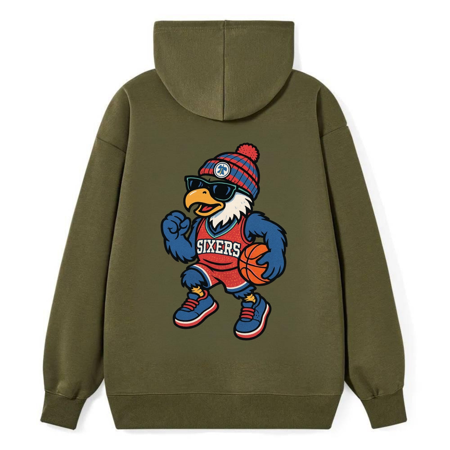 Philadelphia Eagle wearing 76ers red white and blue beanie with bell - Classic Pullover Hoodie - ArmyGreen