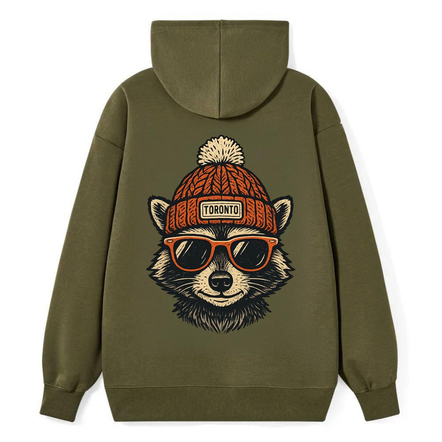 Toronto Raccoon wearing Toronto beanie with pom pom and wayfarer - Classic Pullover Hoodie - ArmyGreen