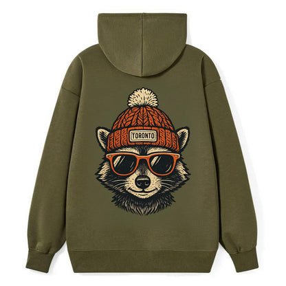 Toronto Raccoon wearing Toronto beanie with pom pom and wayfarer - Classic Pullover Hoodie - ArmyGreen