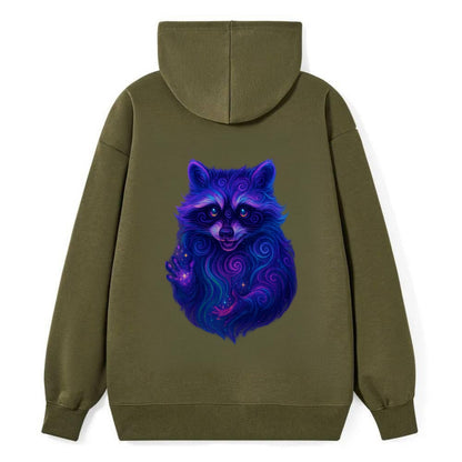 Playful raccoon with mask swirling in hypnotic patterns, neon purple and - Classic Pullover Hoodie - ArmyGreen