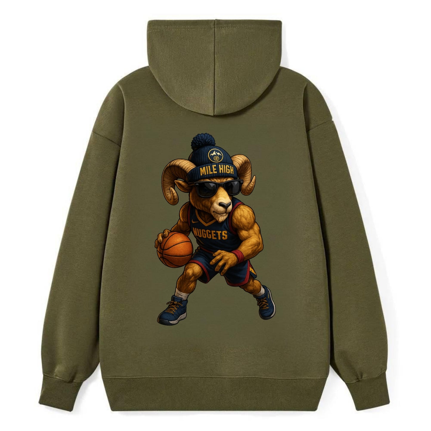 Mile High Bighorn wearing Nuggets beanie with mountain patch and wayfarer - Classic Pullover Hoodie - ArmyGreen