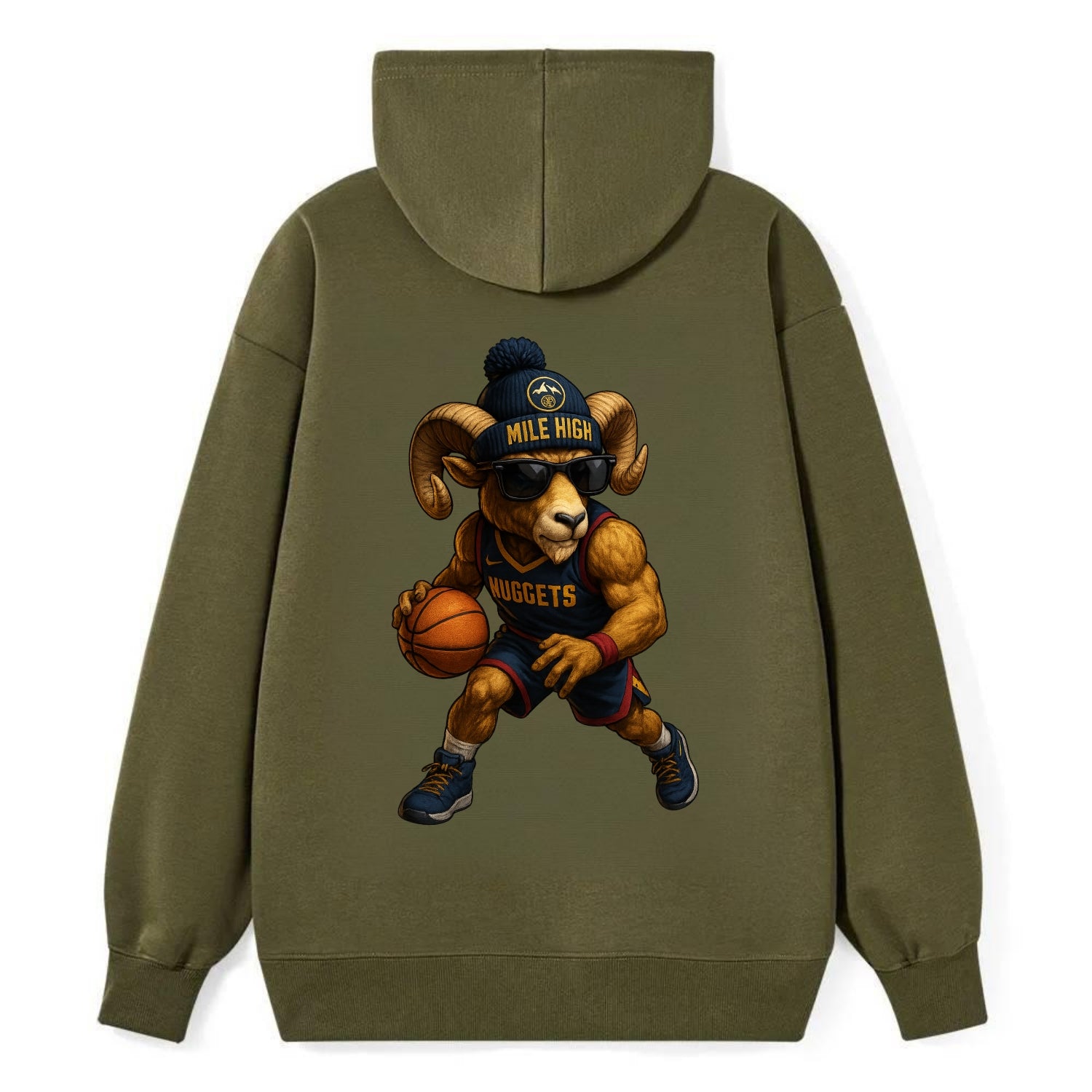 Mile High Bighorn wearing Nuggets beanie with mountain patch and wayfarer - Classic Pullover Hoodie - ArmyGreen