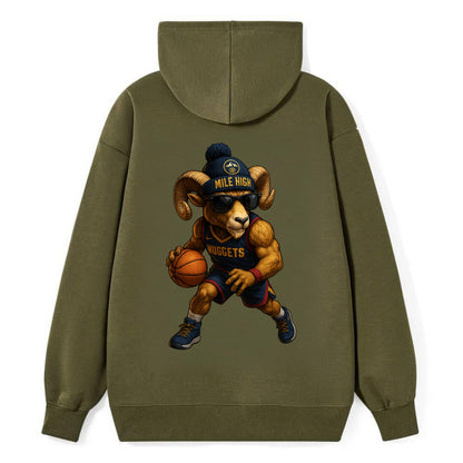 Mile High Bighorn wearing Nuggets beanie with mountain patch and wayfarer - Classic Pullover Hoodie - ArmyGreen