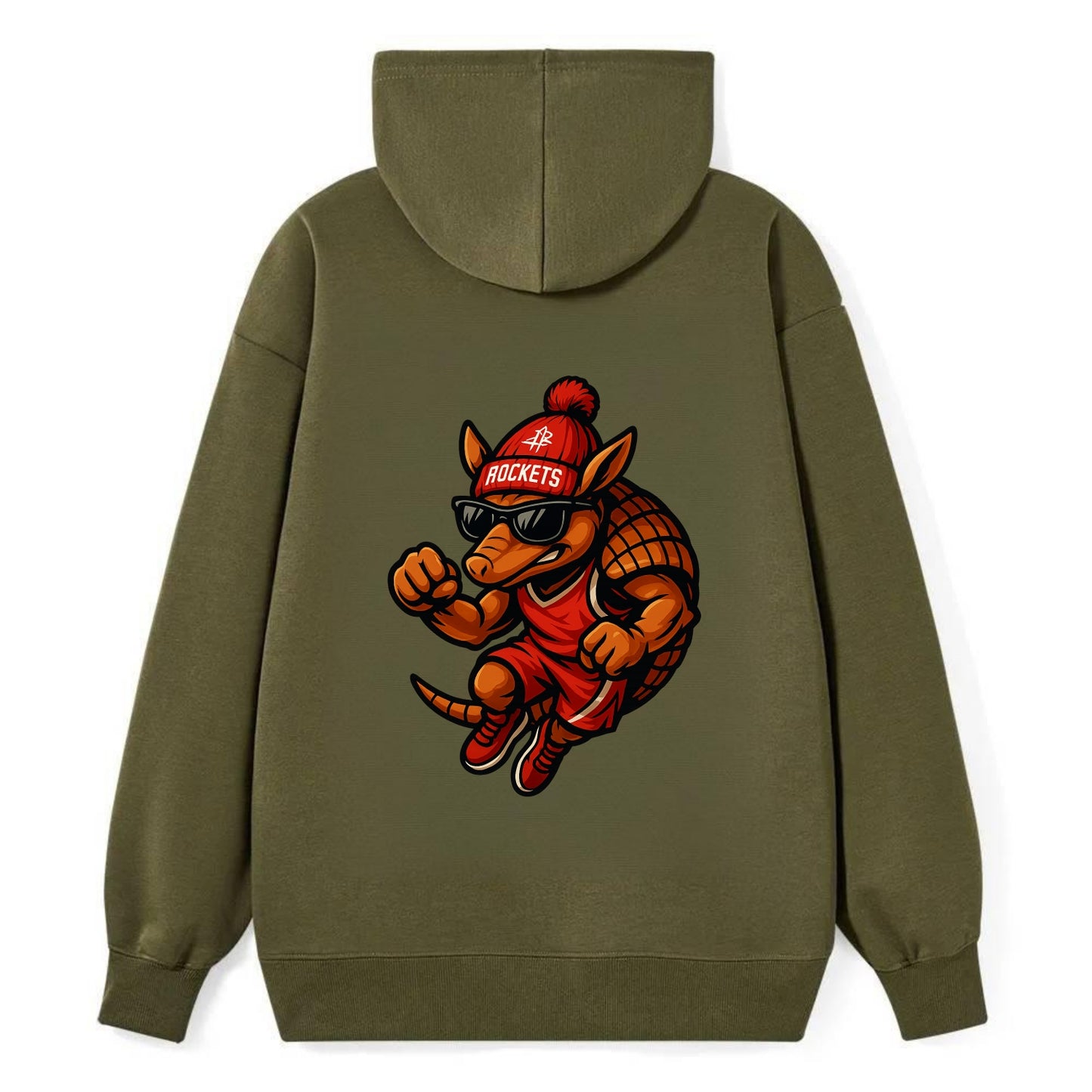 Houston Armadillo wearing Rockets red and silver beanie with rocket ship - Classic Pullover Hoodie - ArmyGreen