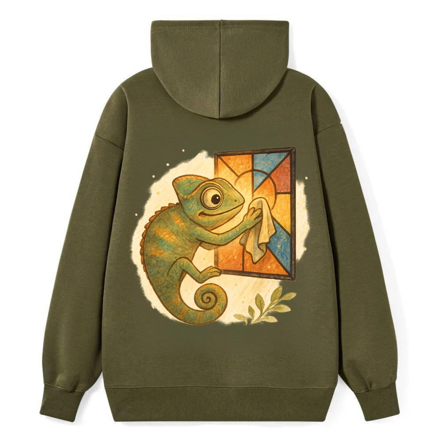 Chameleon blending into a stained-glass window it is polishing with - Classic Pullover Hoodie - ArmyGreen