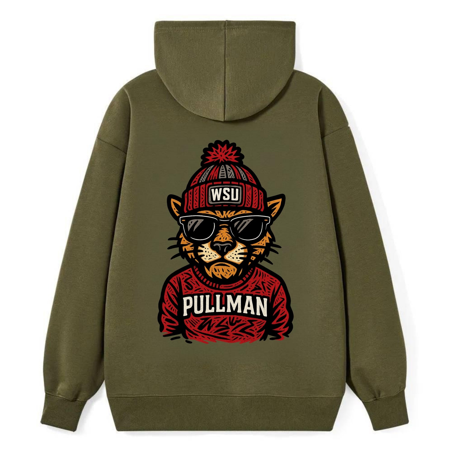 Pullman Cougar wearing Washington State beanie with WSU patch - Classic Pullover Hoodie - ArmyGreen