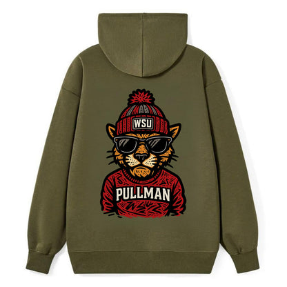 Pullman Cougar wearing Washington State beanie with WSU patch - Classic Pullover Hoodie - ArmyGreen