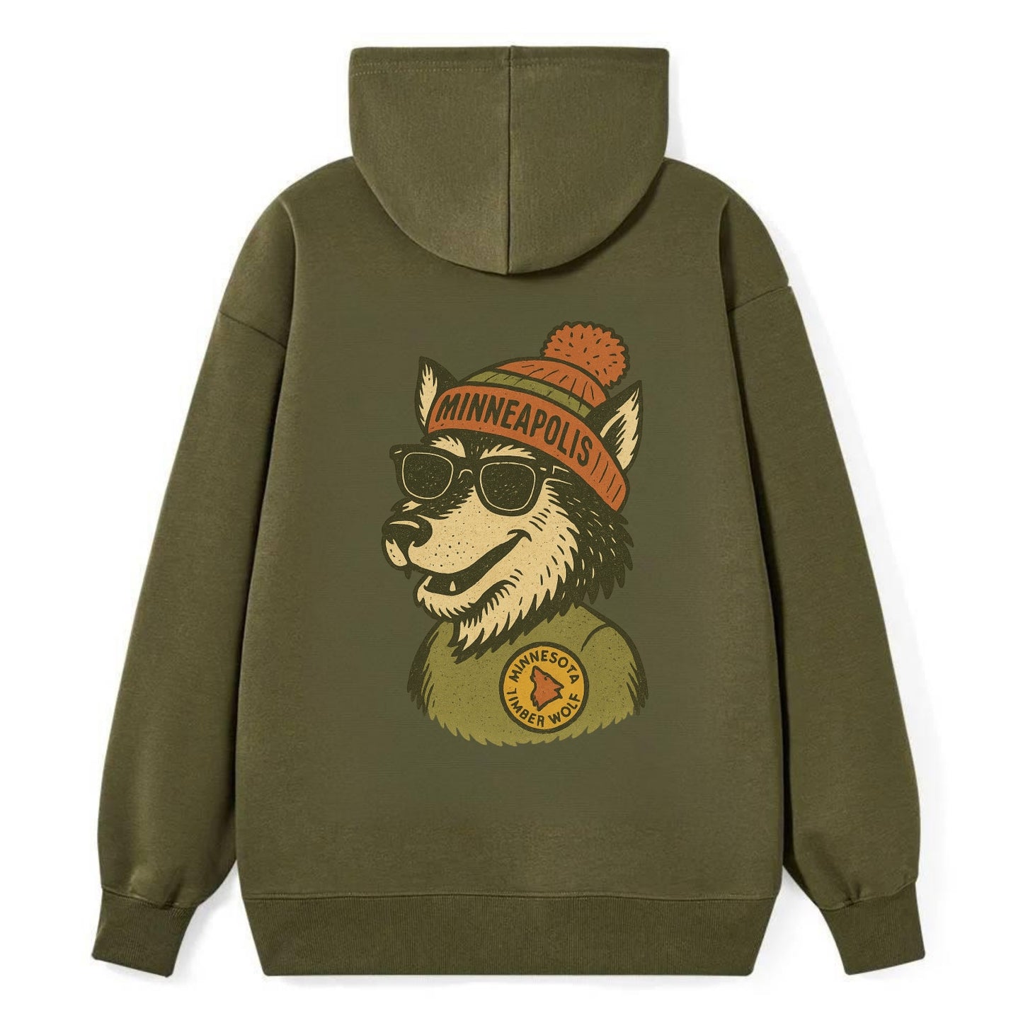 Minnesota Timber Wolf wearing Minneapolis beanie with pom pom and - Classic Pullover Hoodie - ArmyGreen