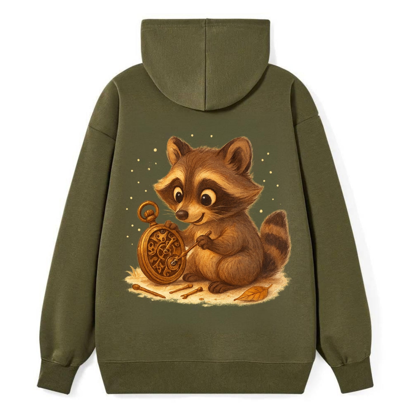 Raccoon tinkering with a steampunk pocket watch using tiny brass tools - Classic Pullover Hoodie - ArmyGreen