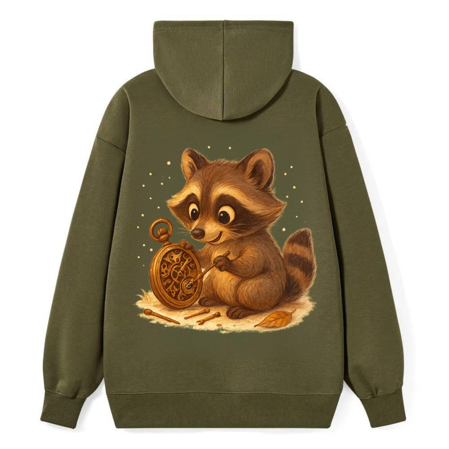 Raccoon tinkering with a steampunk pocket watch using tiny brass tools - Classic Pullover Hoodie - ArmyGreen