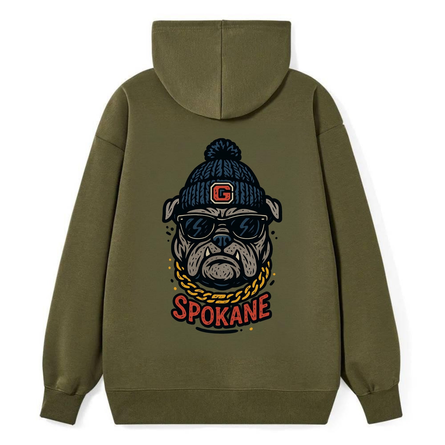 Spokane Bulldog wearing Gonzaga beanie with G patch - Classic Pullover Hoodie - ArmyGreen