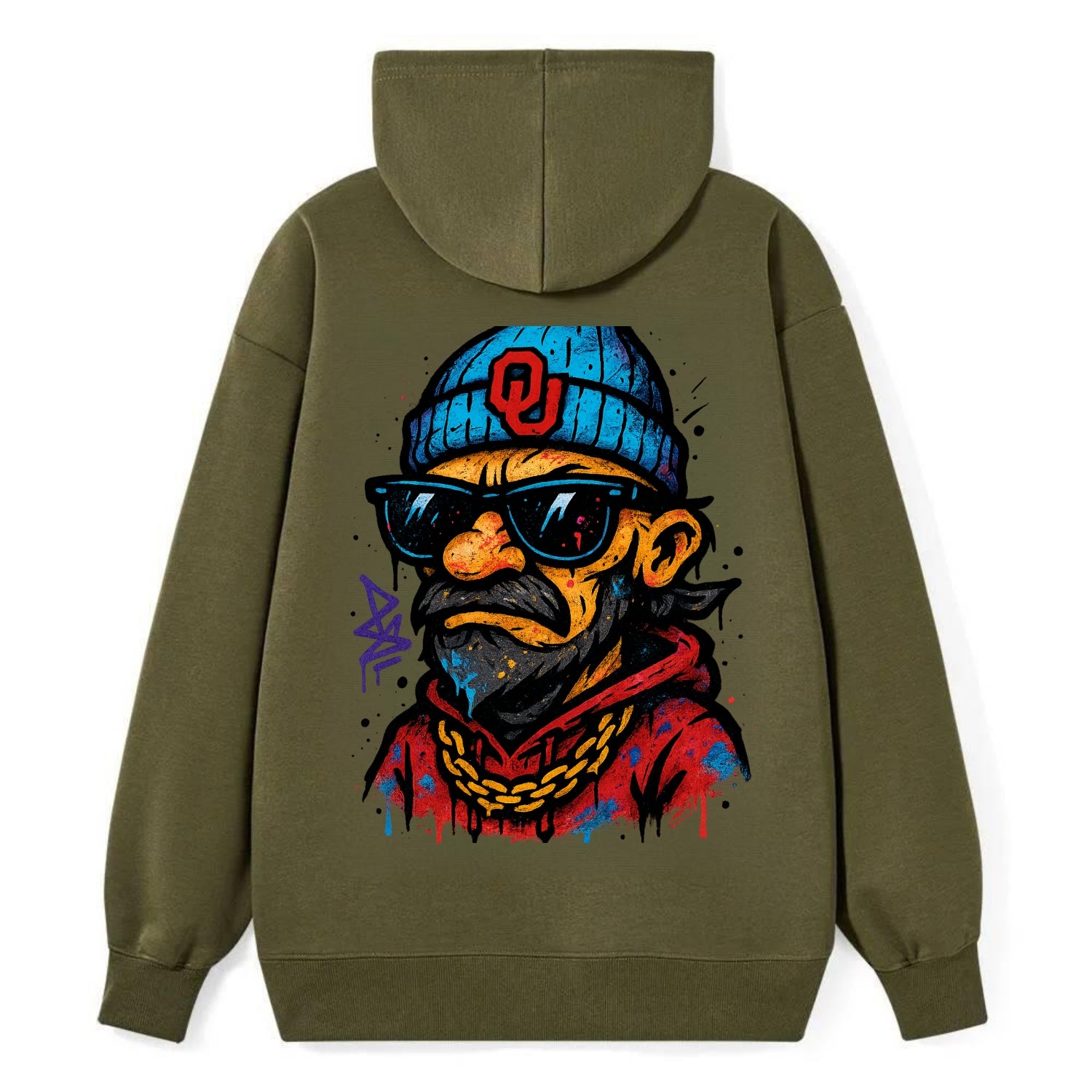 Norman Sooner wearing Oklahoma beanie with OU patch - Classic Pullover Hoodie - ArmyGreen