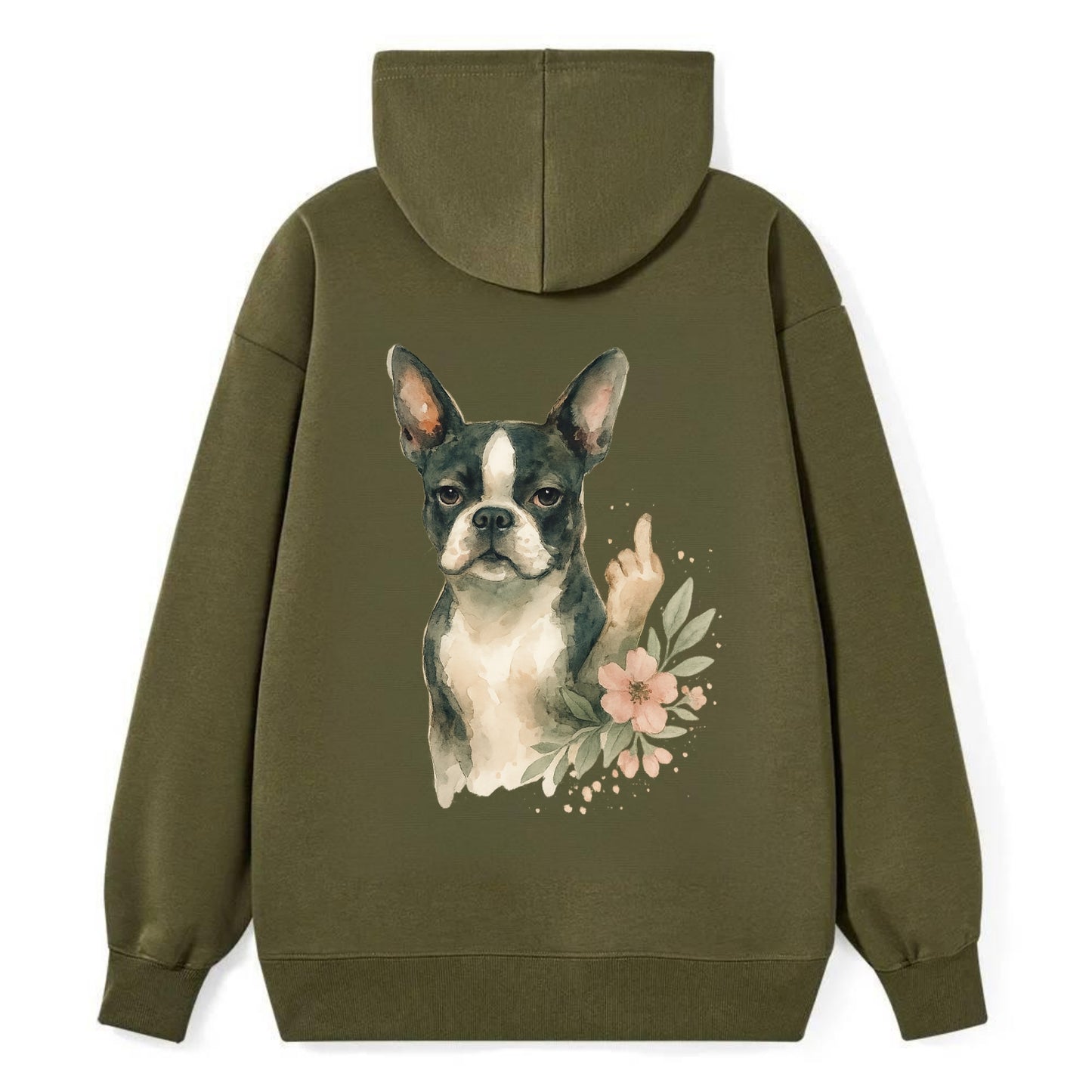 Boston Terrier with tuxedo markings, perky ears, paw up giving sass - Classic Pullover Hoodie - ArmyGreen