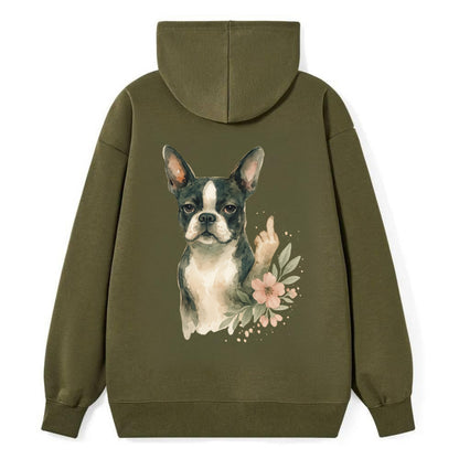 Boston Terrier with tuxedo markings, perky ears, paw up giving sass - Classic Pullover Hoodie - ArmyGreen