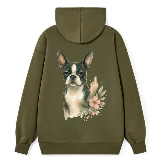 Boston Terrier with tuxedo markings, perky ears, paw up giving sass - Classic Pullover Hoodie - ArmyGreen