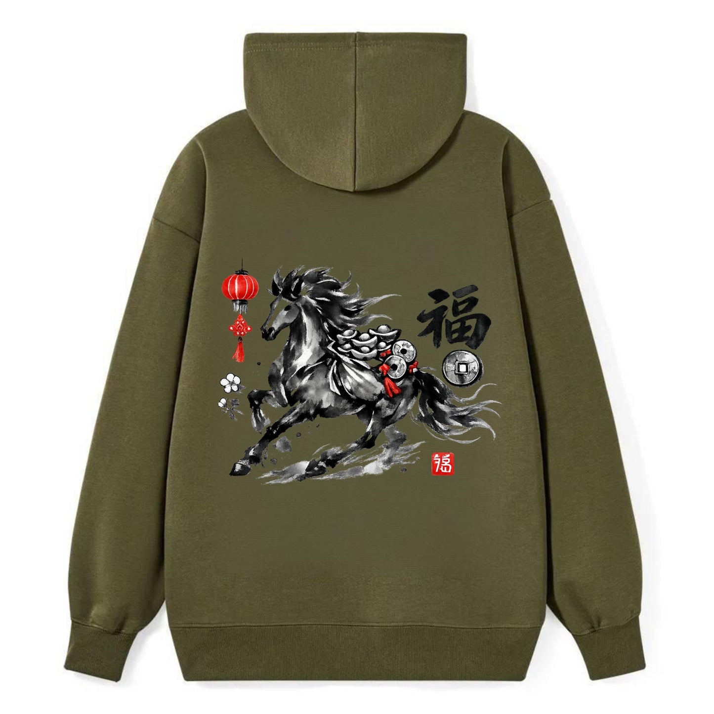 PROSPERITY HORSE | Horse carrying gold ingots and coins | Chinese knot - Classic Pullover Hoodie - ArmyGreen
