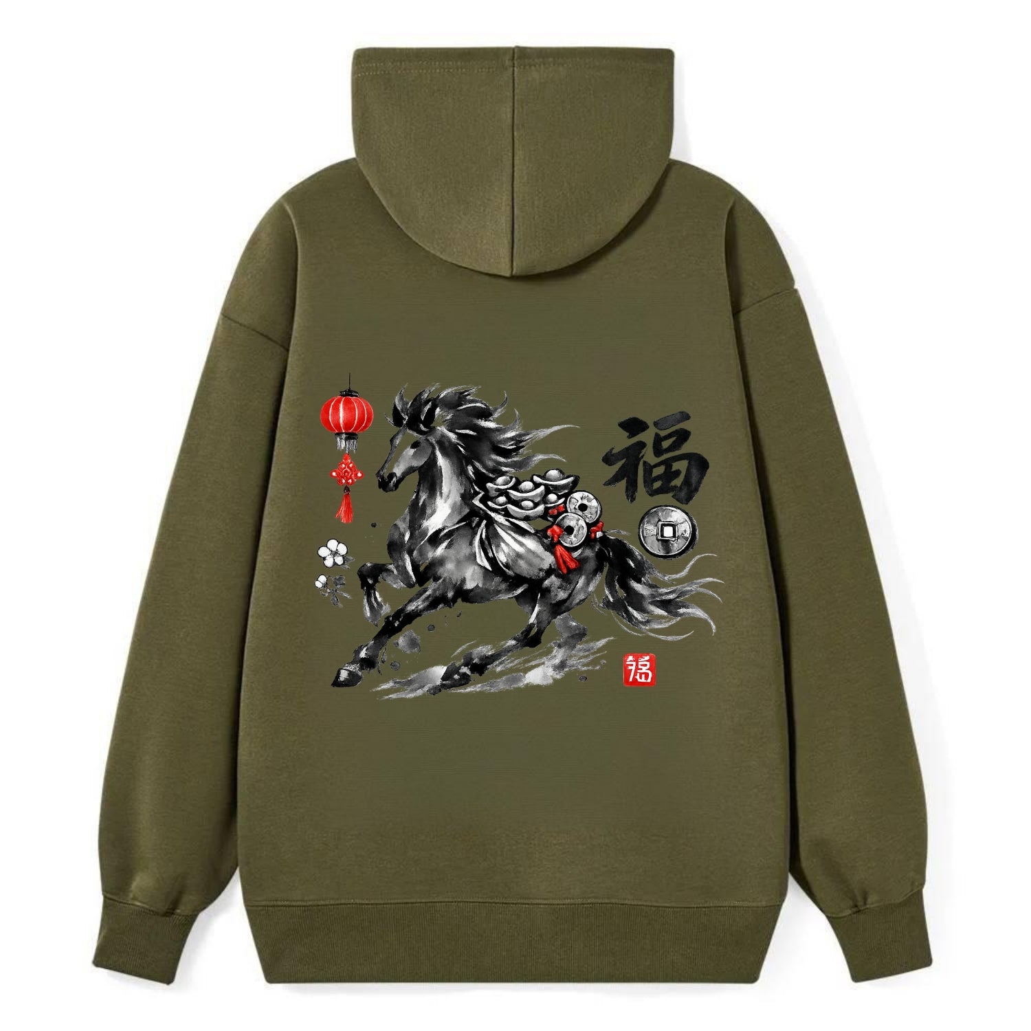 PROSPERITY HORSE | Horse carrying gold ingots and coins | Chinese knot - Classic Pullover Hoodie - ArmyGreen