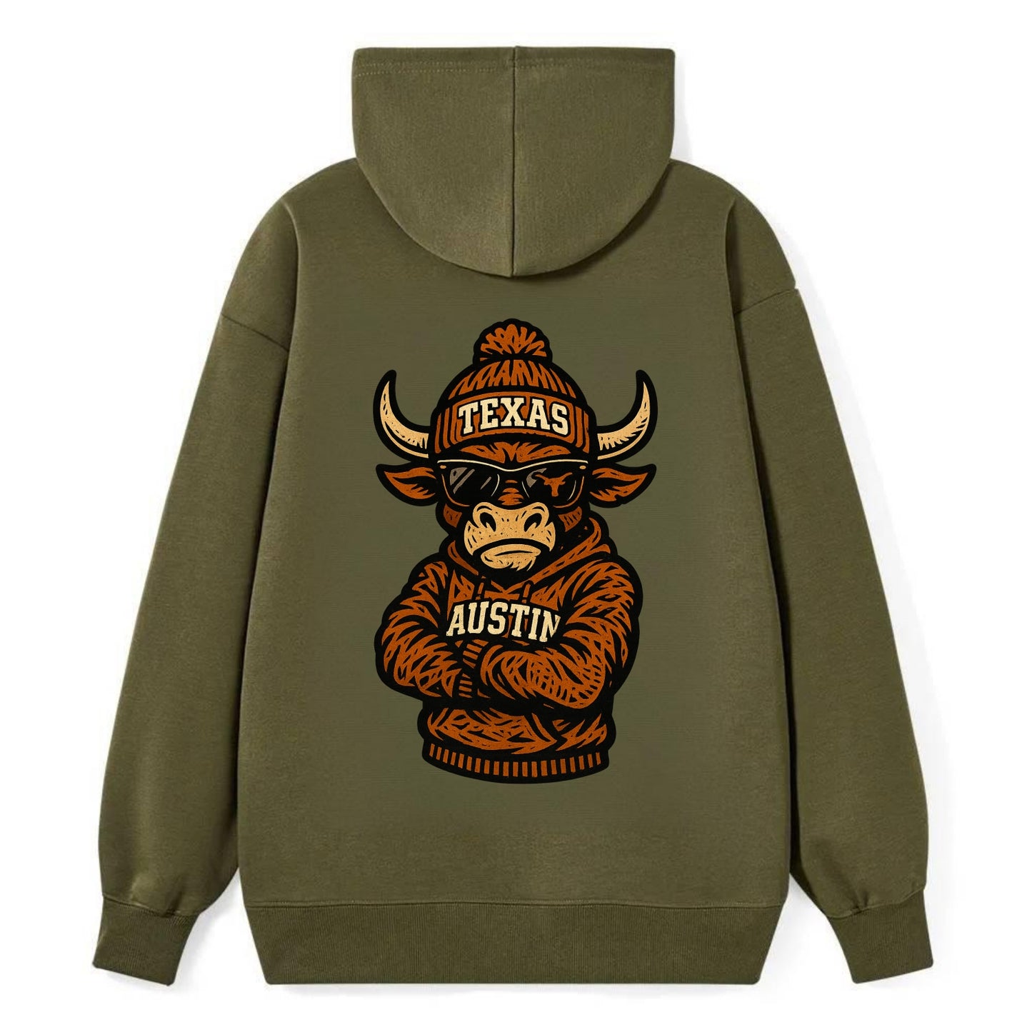 Austin Bevo wearing Texas beanie with longhorn patch - Classic Pullover Hoodie - ArmyGreen