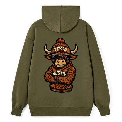 Austin Bevo wearing Texas beanie with longhorn patch - Classic Pullover Hoodie - ArmyGreen