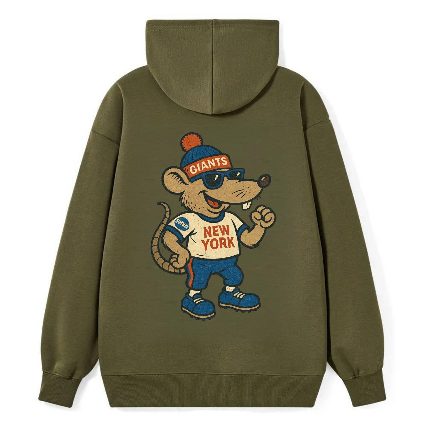 New York Rat wearing Giants beanie with subway patch and wayfarer - Classic Pullover Hoodie - ArmyGreen