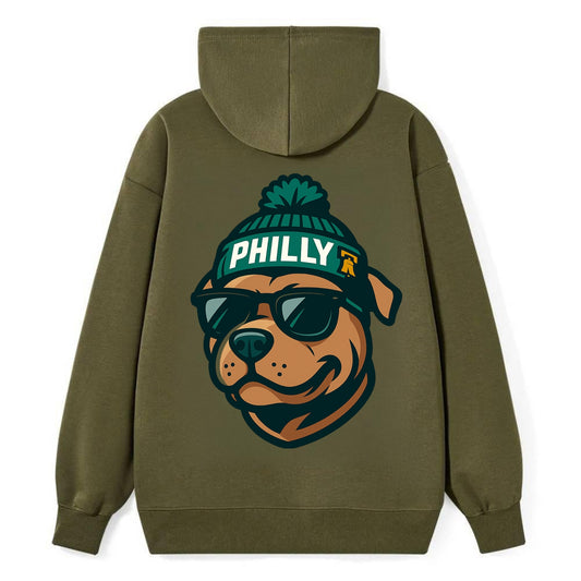 Philly Pitbull wearing Eagles beanie with Liberty Bell patch and wayfarer - Classic Pullover Hoodie - ArmyGreen