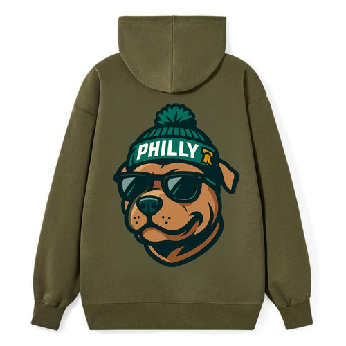 Philly Pitbull wearing Eagles beanie with Liberty Bell patch and wayfarer - Classic Pullover Hoodie
