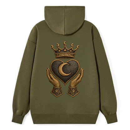 Moonlit crescent crown cradling a hematite heart with stargazer hands - Classic Pullover Hoodie - ArmyGreen